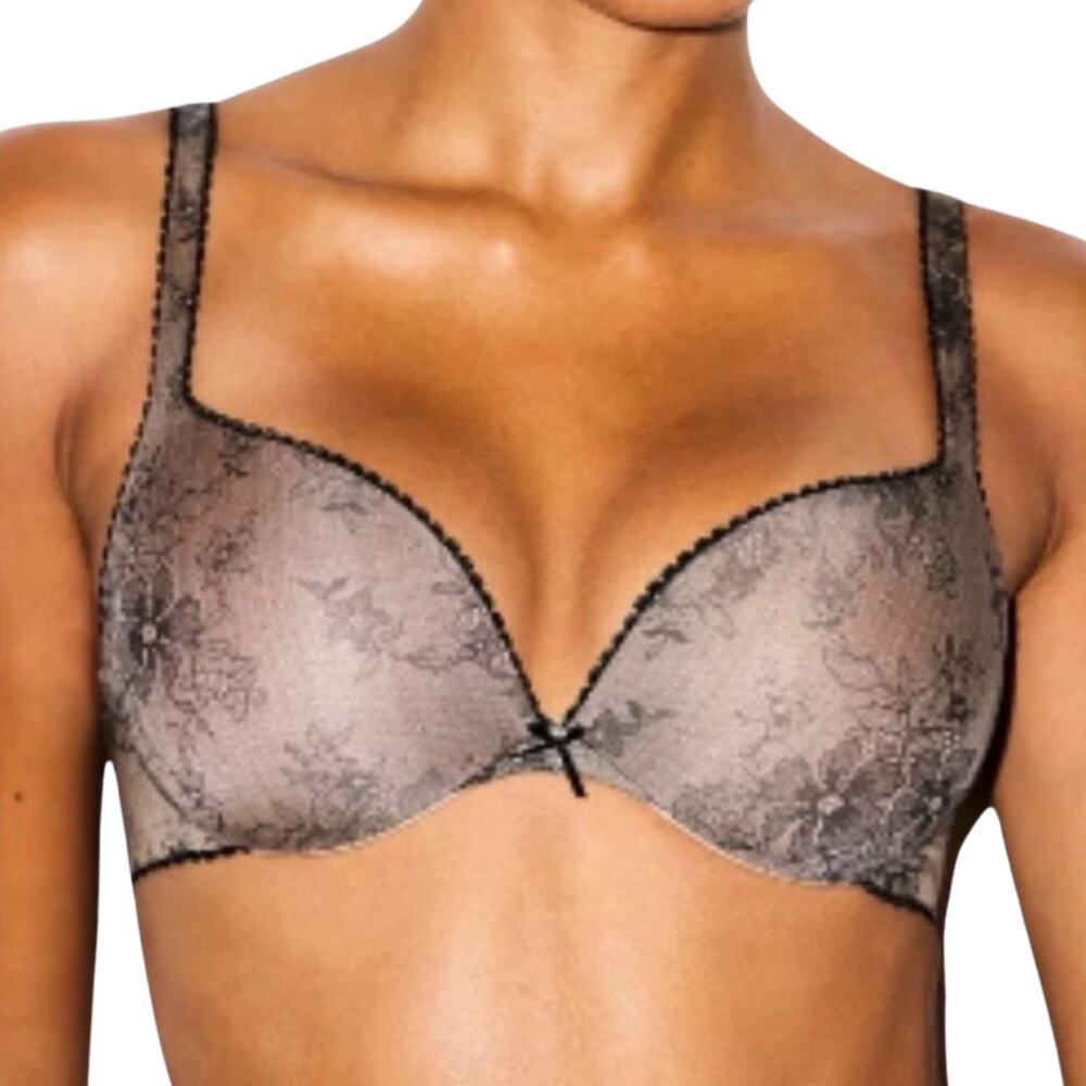 SKIMS Ultimate Picot Teardrop Push-Up Bra 32C Clay Onyx Lace Print NWT